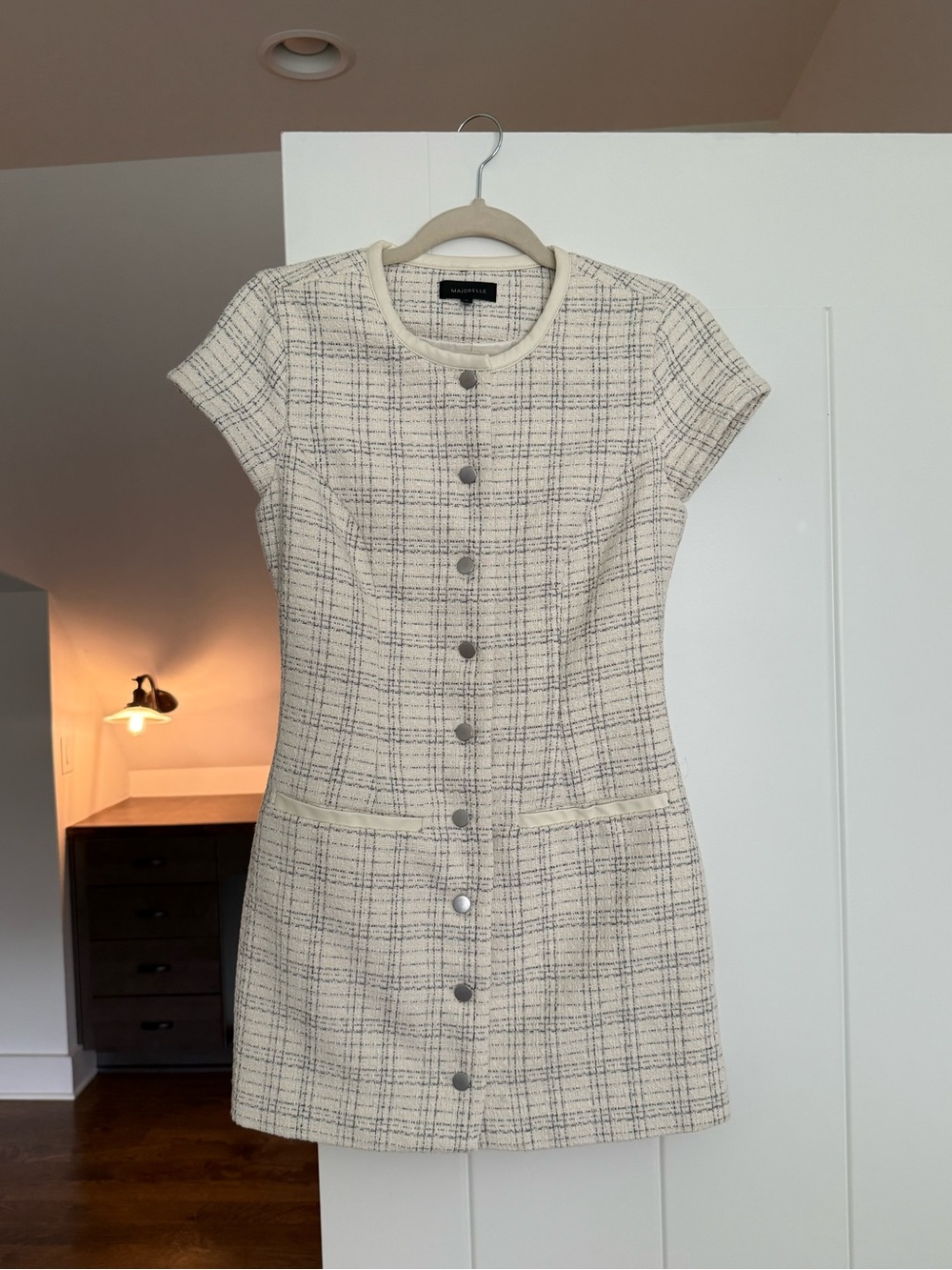 MAJORELLE Cream & Black Tweed Button-Front Mini Dress
